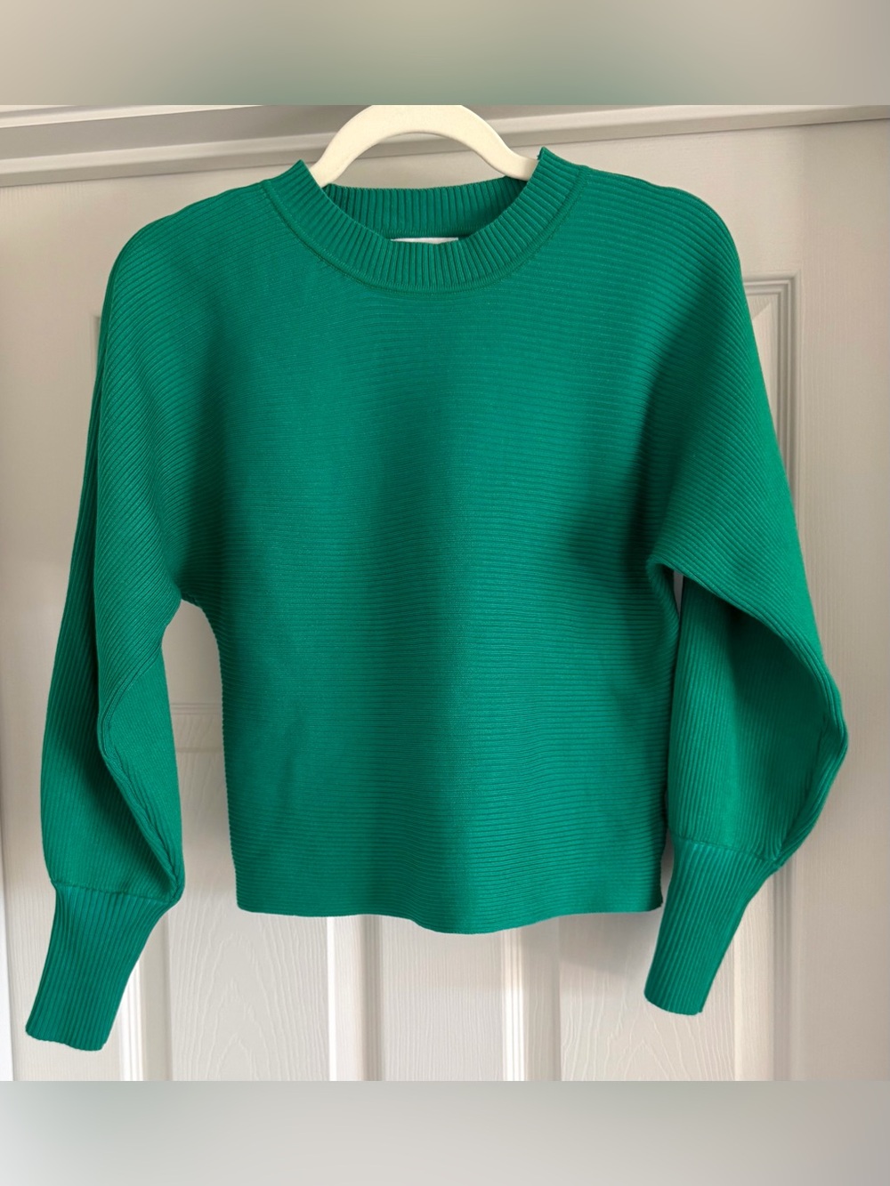 PINK ROSE Emerald Green Ribbed Crewneck Short Dolman Sweater, Long Sleeve - Sz S